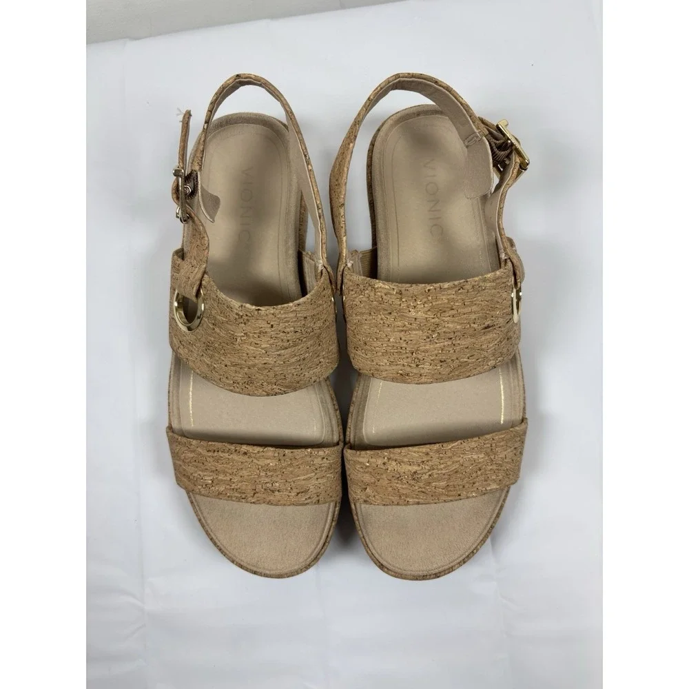 Vionic Womens 8.5 Louise Cork Raffia Leather Ankle Strap Platform Sandals Festiv